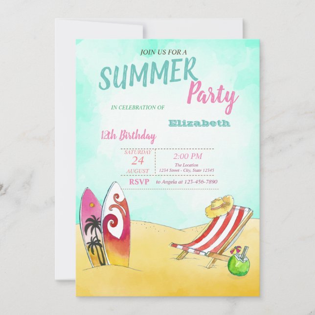Beach Chair,Surfing Birthday Party  Invitation (Front)