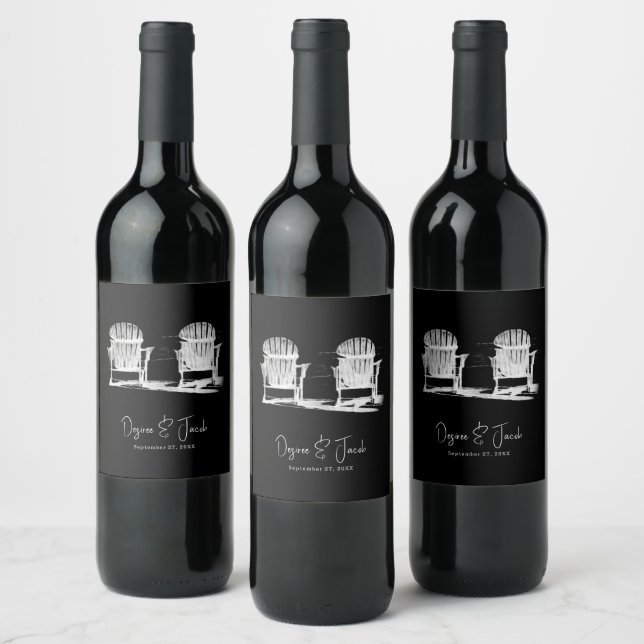 Beach Chairs Adirondack Black And White Wedding Wine Label (Bottles)