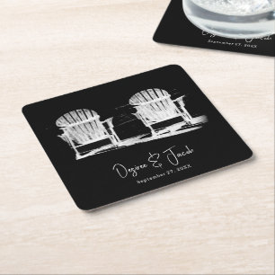 Beach Chairs Black And White Wedding Square Paper Coaster