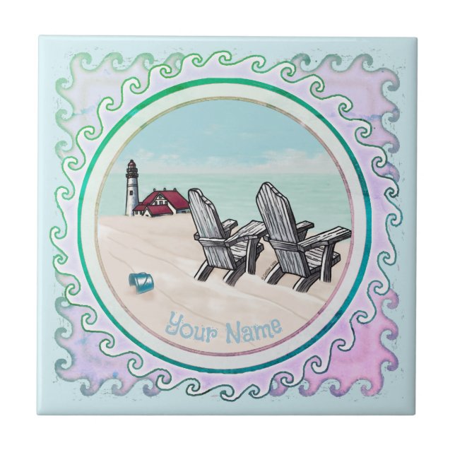 Beach Chairs lighthouse  Ceramic Tile (Front)