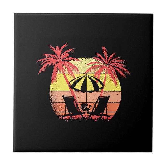 Beach Chairs Parasol Summer Sunset 80s Palm Tree Ceramic Tile (Front)