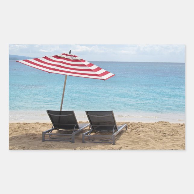 BEACH CHAIRS UNDER AN UMBRELLA IN MONTEGO BAY  RECTANGULAR STICKER (Front)