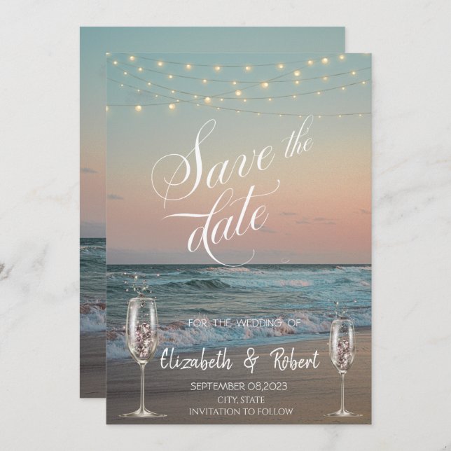 Beach Champagne Glass Save The Date  (Front/Back)