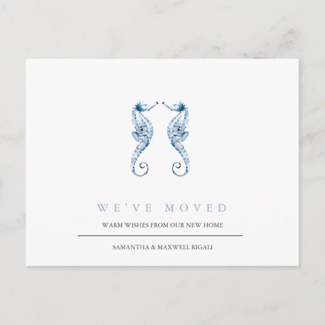 Beach Change of Address Dusty Blue Seahorses Postcard (Front)