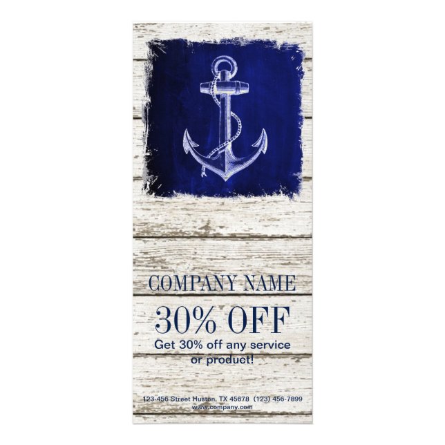 beach chic wood nautical navy blue anchor rack card (Front)