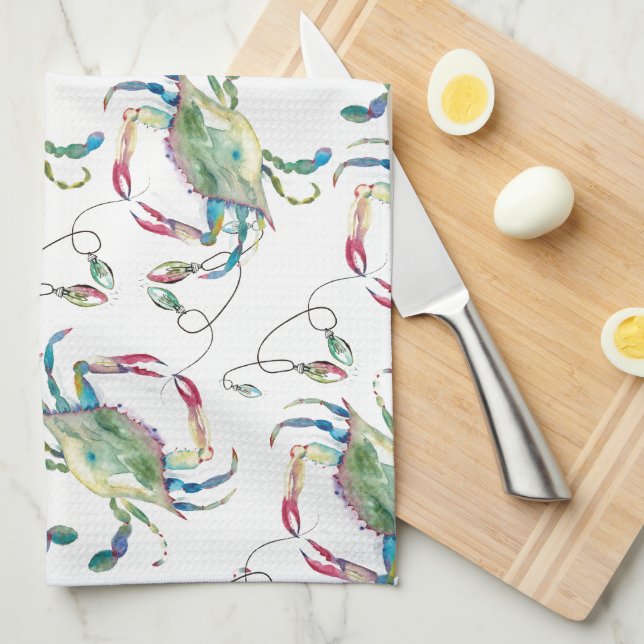 Beach Christmas Blue Crab Tea Towel (Quarter Fold)