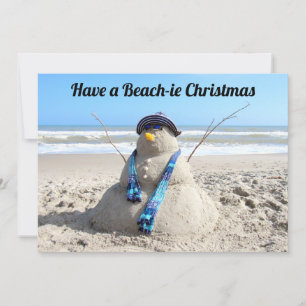 Beach Christmas Card-Sand Sculpture Snowman - flat Holiday Card