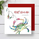 Beach Christmas Cards Watercolor Blue Crab<br><div class="desc">Celebrate the season with these beach Christmas cards featuring a festive watercolor blue crab wrapped in colourful holiday lights. The cheerful message "Merry Beach-mas" is displayed in playful script typography, making these cute Xmas cards a fun and coastal twist on traditional holiday cards. Customise your greeting card for Christmas using...</div>