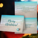 Beach Christmas Christian Scripture Folded  Holiday Card<br><div class="desc">Merry Christmas beach scene holiday card with scripture inside. Tropical water and beach sand is the background for custom text in three places. “Merry Christmas” is the dark teal blue script on the front. Inside the card scripture at the top is from Isaiah 9:6 and reads, "For unto us a...</div>