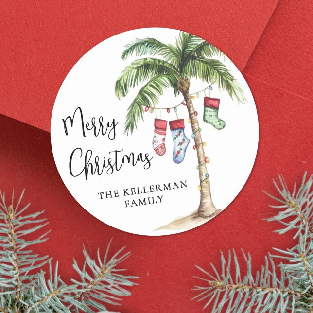 Beach Christmas Classic Round Sticker (Tropical Beach Christmas Classic Round Sticker)