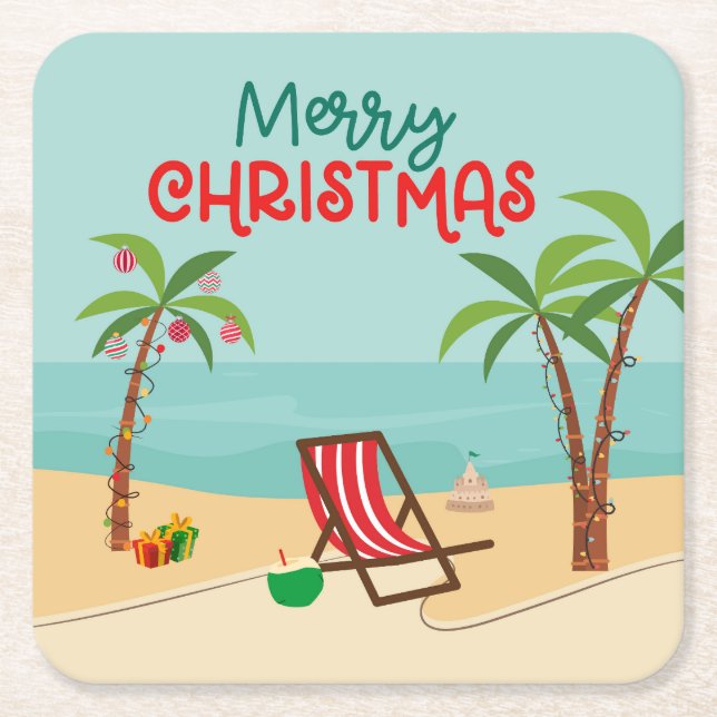  Beach Christmas Festive Square Paper Coaster (Front)