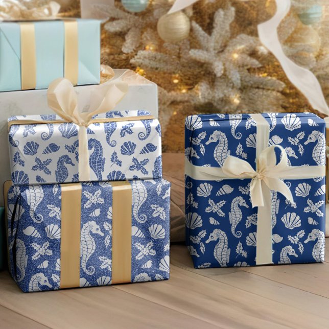 Beach Christmas Glitter Seahorses Navy Blue Wrapping Paper Sheet (Creator Uploaded)