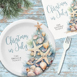 Beach Christmas In July Paper Plate<br><div class="desc">Celebrate the season with this festive and beachy paper plate, perfect for a Christmas in July celebration. The design features a whimsical Christmas tree made of beach shells, starfish, and coral on the right side, adding a fun coastal vibe to your table setup. The palette includes shades of teal blue...</div>