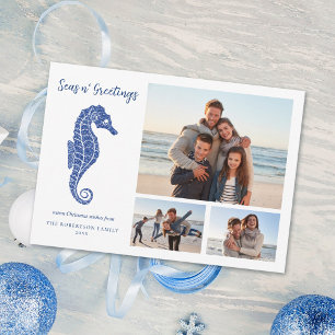 Beach Christmas Navy Blue Seahorse 3 Photo Holiday Card