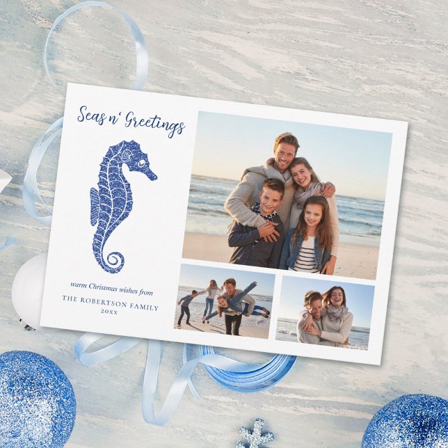 Beach Christmas Navy Blue Seahorse 3 Photo  Holiday Card (Creator Uploaded)