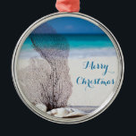 Beach Christmas Ornaments Round Metal Coral<br><div class="desc">Beach Christmas ornaments with coral and customisable text Merry Christmas. It's metal premium round ornament and measures 2.125 inches and weights 1.25 ounces.</div>