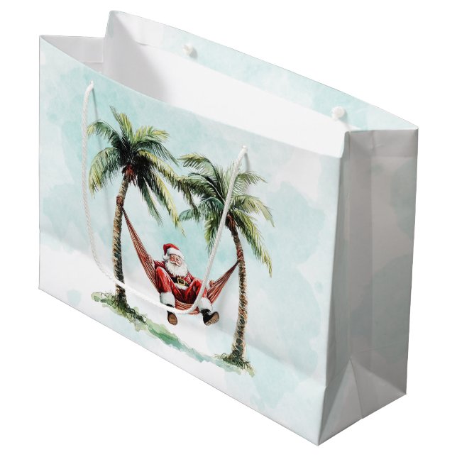 Beach Christmas Palm Tree Santa Hammock Tropical  Large Gift Bag (Front Angled)