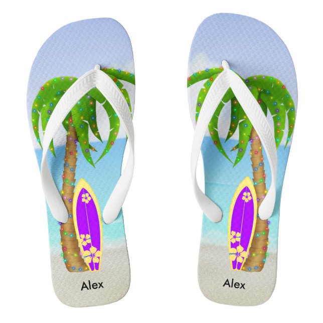 Beach Christmas Palm Tree Surfboard Thongs (Footbed)