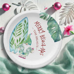 Beach Christmas Paper Plates Cute Tropical Santa<br><div class="desc">Add a festive touch to your Christmas in July party or tropical Xmas party with these small beach Christmas paper plates. Featuring custom watercolor art by Victoria Grigaliunas of Do Tell A Belle, the design showcases a cheerful Santa on a sandy beach with a surfboard and palm leaf. The phrase...</div>