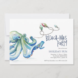 Beach Christmas Party Watercolor Blue Octopus Invitation
