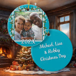 Beach Christmas Photo Ornament Starfish Blue<br><div class="desc">Blue Christmas ornament with starfish and holly leaves framed photo.  Round,  ceramic tree decoration with square photo template and year date on one side.  Add some text to the back,  such as names,  family name,  address,  or anything to create a lovely family keepsake or gift.</div>