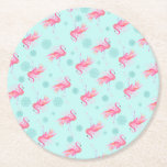 Beach Christmas Pink Flamingo Round Paper Coaster<br><div class="desc">Beach Christmas coasters were designed using a replica of my original watercolor tropical pink flamingo and turquoise blue snow flakes. To see more cute tropical beach wedding favours and holiday party decor visit www.zazzle.com/dotellabelle</div>