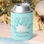 Beach Christmas Sand Dollar Starfish Aqua Blue  Can Cooler<br><div class="desc">This personalised Beach themed Christmas can cooler features aqua blue glitter coral,  white sand dollar and starfish,  and the holiday message “Seas & Greetings”,  on a light aqua blue background.</div>