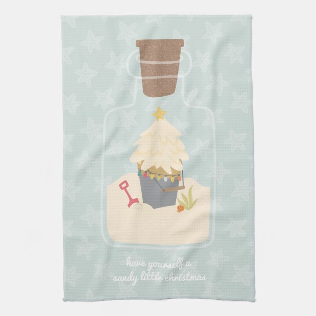 Beach Christmas Sand Pail Tea Towel (Vertical)