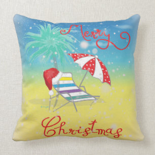 Beach Christmas Santa Hat Snow Flakes Cushion