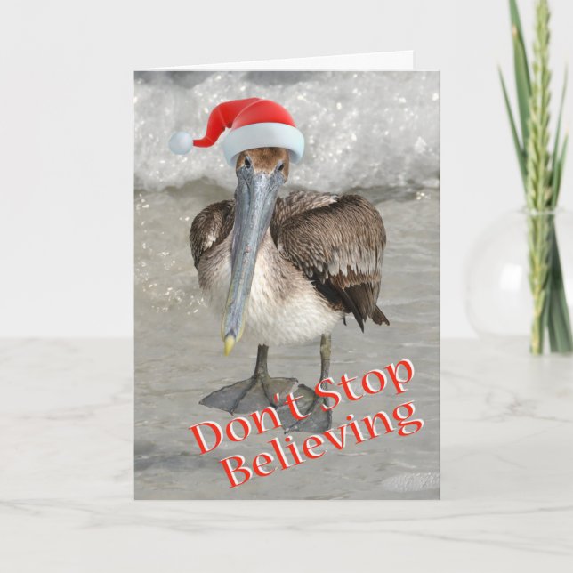 Beach Christmas Santa Pelican Holiday Card (Front)