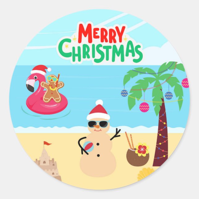 Beach Christmas Scene Classic Round Sticker (Front)