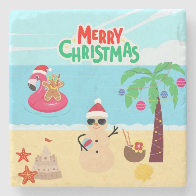 Beach Christmas Scene Stone Coaster (Front)