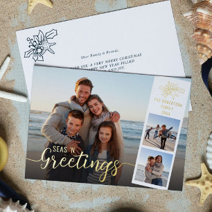 Beach Christmas Script 3 Photo Collage Gold Foil Holiday Card