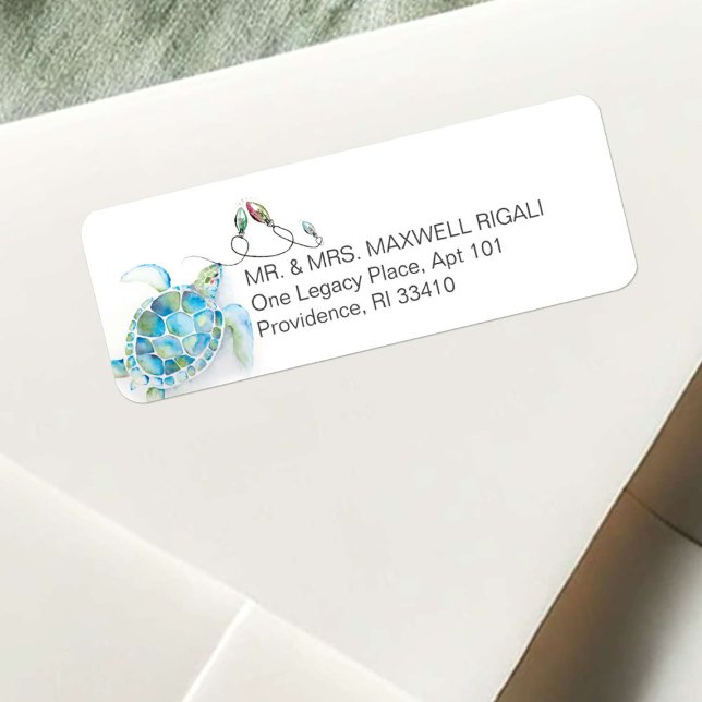 Beach Christmas Sea Turtle Address Labels (Beach Christmas return address labels watercolor sea turtle art by Victoria Grigaliunas DoTellABelle)