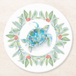 Beach Christmas Sea Turtle Round Paper Coaster<br><div class="desc">Beach Christmas coasters were designed using a replica of my original watercolor tropical sea turtle encircled with holiday greenery. To see more cute tropical beach wedding favours and holiday party decor visit www.zazzle.com/dotellabelle</div>