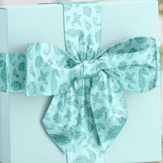 Beach Christmas Seahorse Aqua Blue Glitter Satin Ribbon