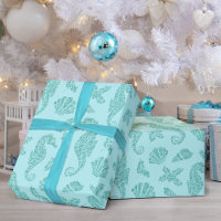 Beach Christmas Seahorse Pattern Aqua Glitter