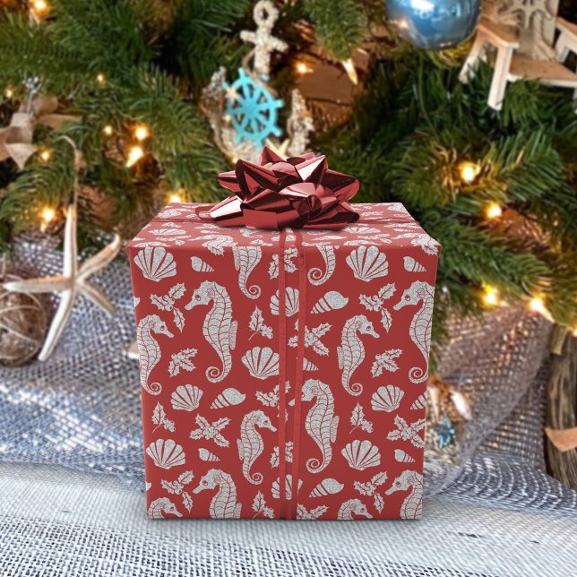 Beach Christmas Seahorses Pattern Red Wrapping Paper (Creator Uploaded)