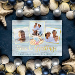 Beach Christmas Seas and Greetings Wood Photo Foil Holiday Card<br><div class="desc">Send warm Christmas wishes from the beach with this personalised coastal holiday card with 3 photos and “Seas & Greetings” script calligraphy printed with real gold foil. In the centre is a group of watercolor seashells,  with a beach wood background.</div>