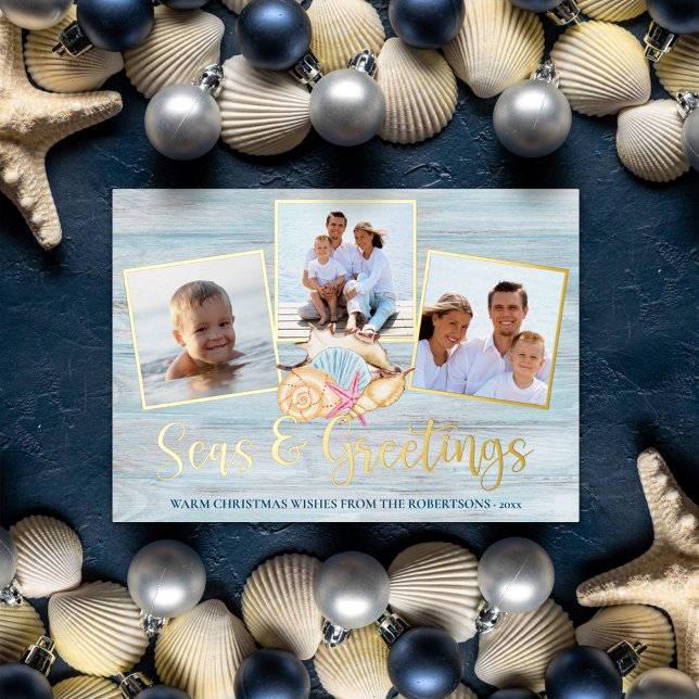 Beach Christmas Seas and Greetings Wood Photo Foil Holiday Card (Creator Uploaded)