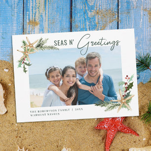Beach Christmas Starfish Seas N Greetings Photo Holiday Card