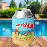 Beach Christmas Summer Santa Claus Custom Party Can Cooler<br><div class="desc">This cute custom Christmas in July can cooler makes perfect summer party decor for a beach bash or pool gathering. Make it a fun north pole themed extravaganza with Santa Claus in his swimming trunks next to a red and white striped beach umbrella and gifts. I've never seen Mr. Klaus...</div>