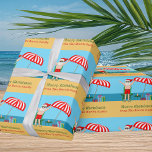 Beach Christmas Summer Santa Claus Cute Custom Wrapping Paper<br><div class="desc">This cute custom Christmas in July party wrapping paper makes perfect summer party decor for a beach bash or pool gathering. Make it a fun north pole themed extravaganza with Santa Claus in his swimming trunks next to a red and white striped beach umbrella and gifts. I've never seen Mr....</div>