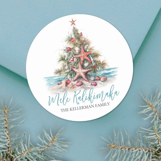 Beach Christmas Tree Mele Kalikimaka Classic Round Sticker (Beach Christmas Tree Mele Kalikimaka Classic Round Sticker)