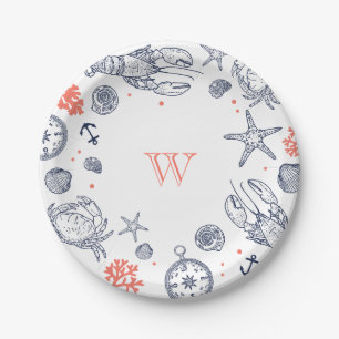 Beach Classic Nautical Navy Blue/Coral Custom Paper Plate