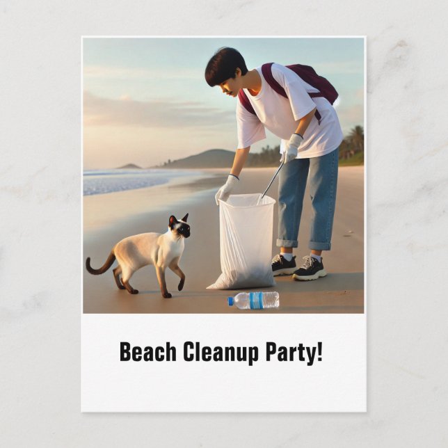 Beach Cleanup Party with Siamese   Invitation Card (Front)