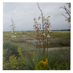 Beach Clouds and Wildflowers - Oak Island, NC Ceramic Tile