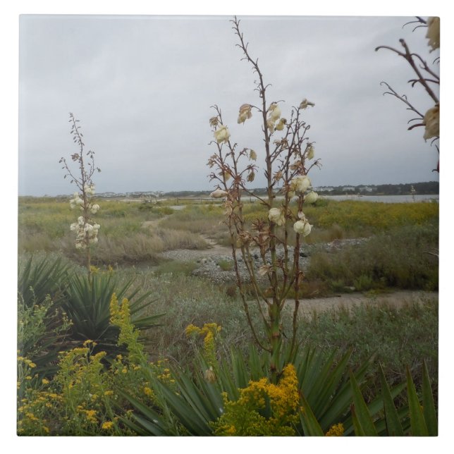 Beach Clouds and Wildflowers - Oak Island, NC Ceramic Tile (Front)