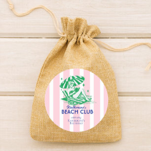 Beach Club Pink Cabana Stripe Birthday Party Classic Round Sticker
