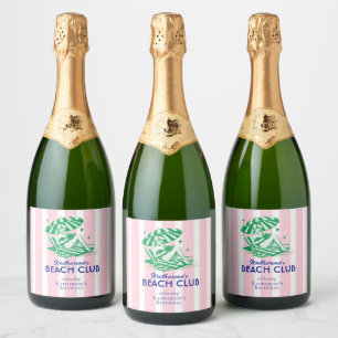 Beach Club Pink Stripes Retro Girl Birthday Sparkling Wine Label